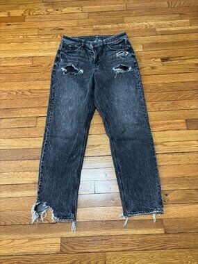 American Eagle Womens Highest Rise Mom Jeans Size 12L 12 Tall Black Distressed